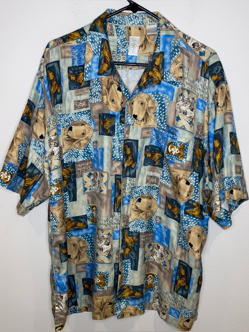 Vintage Burma Bibas 100% Silk Shirt With Dog Pattern Men’s Large Summer
